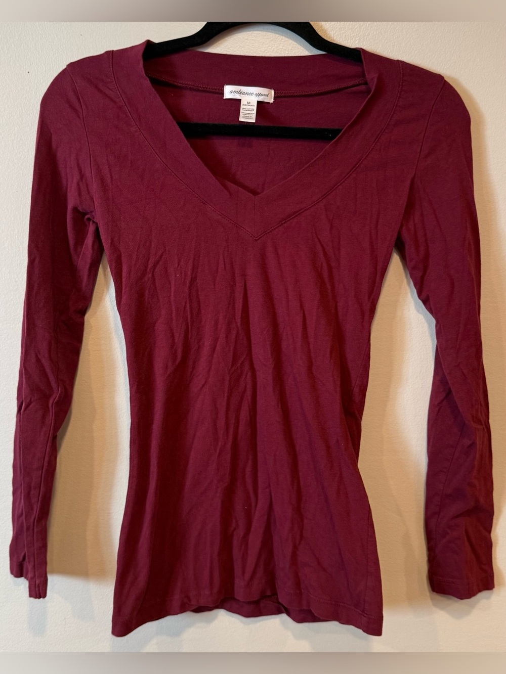 Ambiance Apparel Burgundy V-Neck Long Sleeve Top Women's Medium